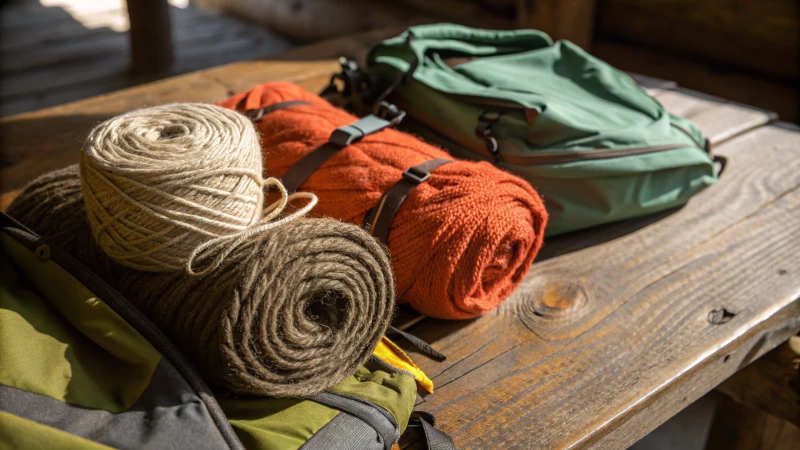 Close-up of hiking gear materials on a wooden table