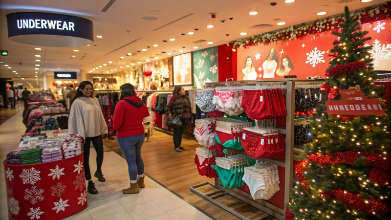 A vibrant retail store display of holiday-themed underwear.
