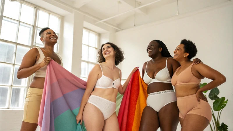 A diverse group of individuals wearing inclusive underwear in a bright studio