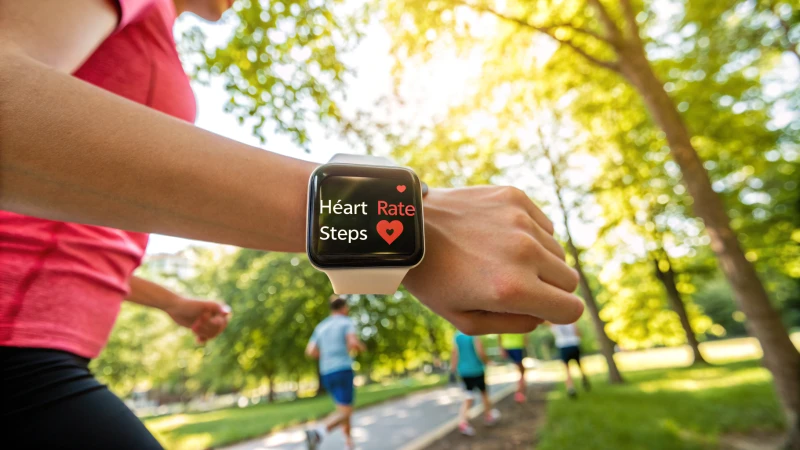 Close-up of a person jogging with a smartwatch in a park