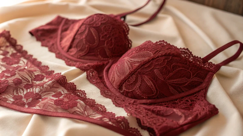 Close-up of a lace lingerie set on textured fabric