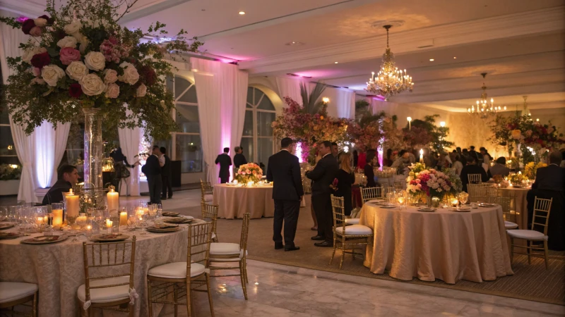 A lavish formal event with elegantly dressed guests mingling