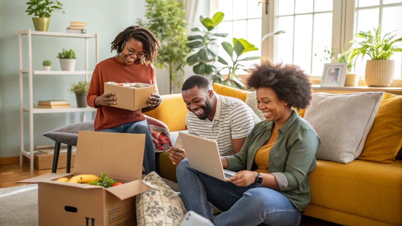 A diverse group of people enjoying subscription services at home.