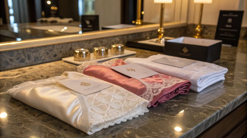 A sophisticated display of luxury underwear on a marble countertop