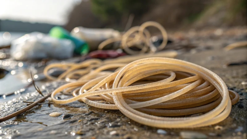 Macro photograph of synthetic elastics with a blurred background of plastic pollution