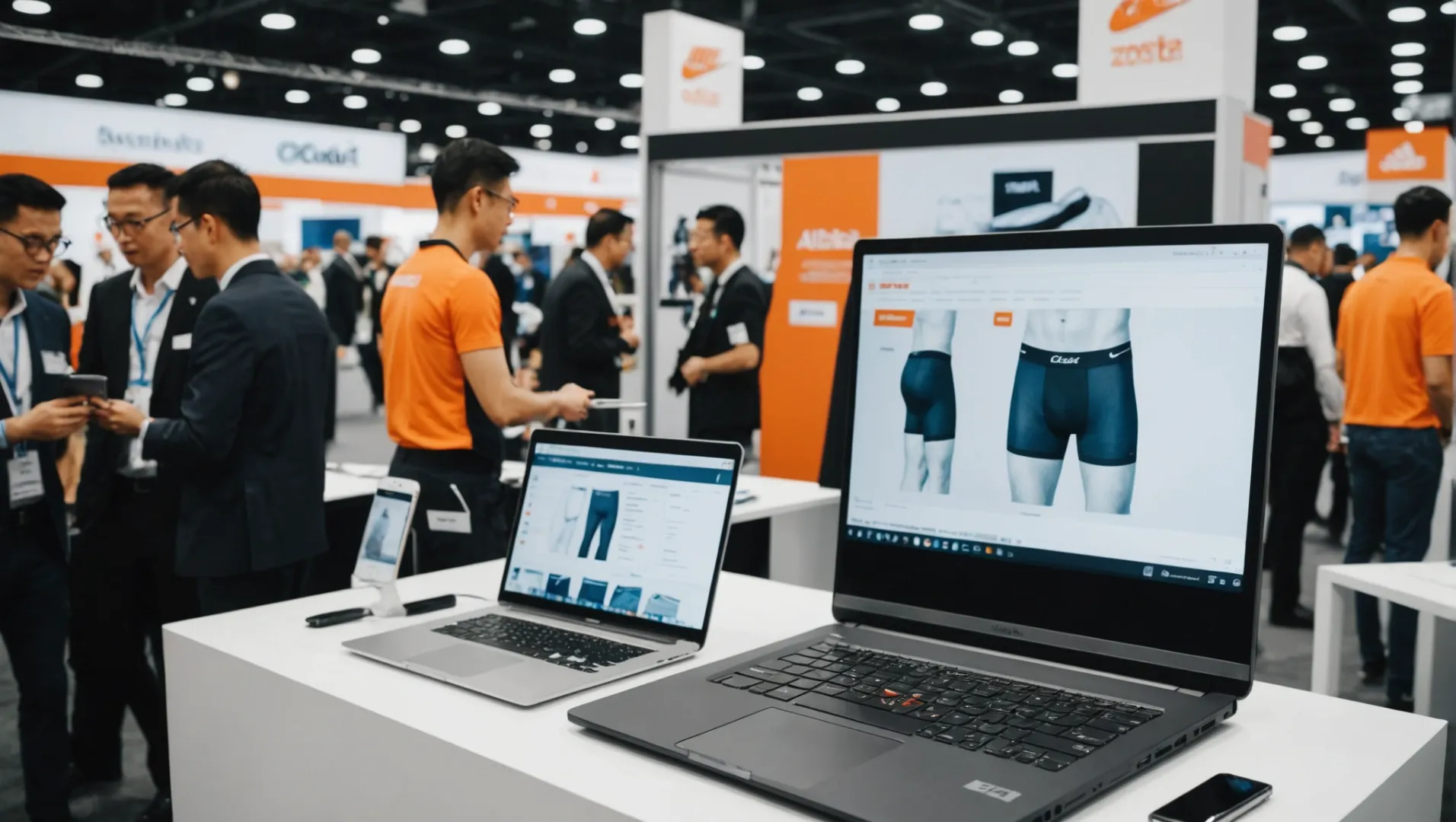 A network of men's underwear suppliers with trade show booths, B2B platforms, and product labels.