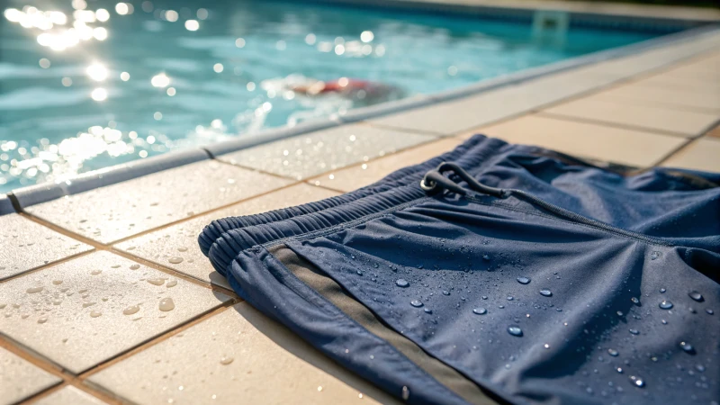 Close-up of men's swim trunks on poolside