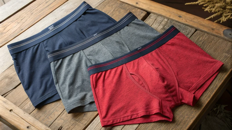 Flat lay of assorted men's trunk underwear on rustic wood