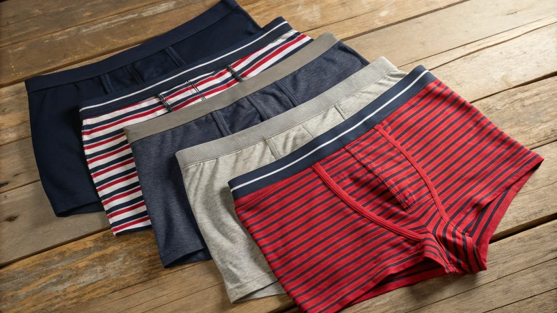 Flat lay of men's trunks underwear on a wooden table