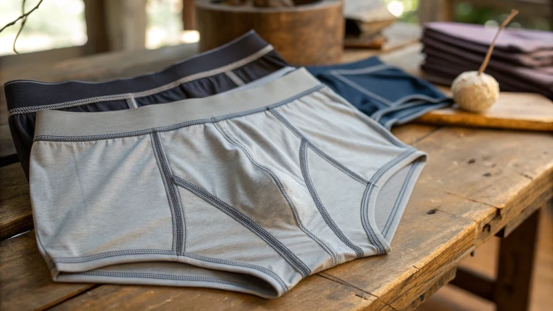 Close-up of men's underwear on a wooden table