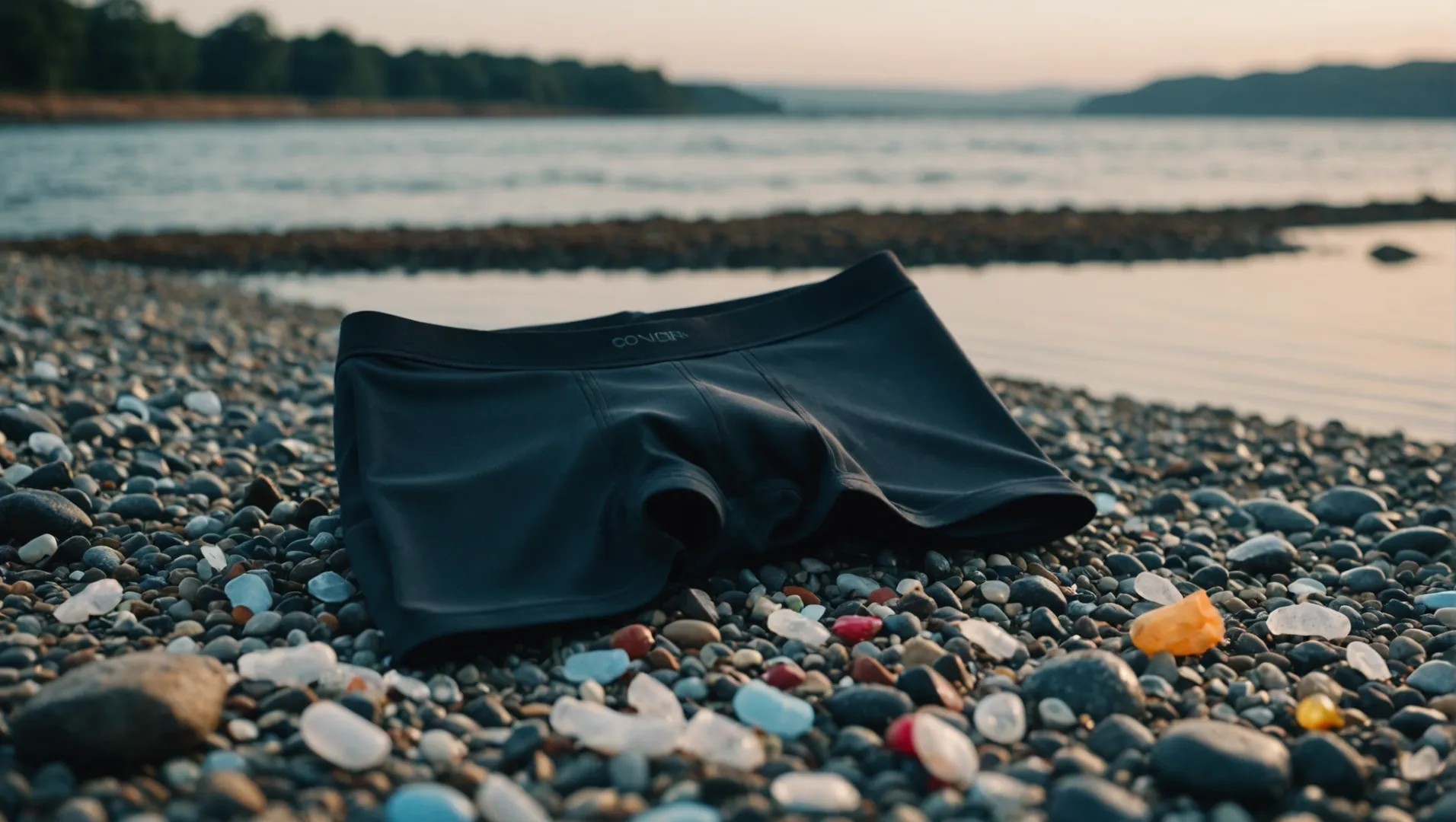 A pair of microfiber underwear with an environmental backdrop.