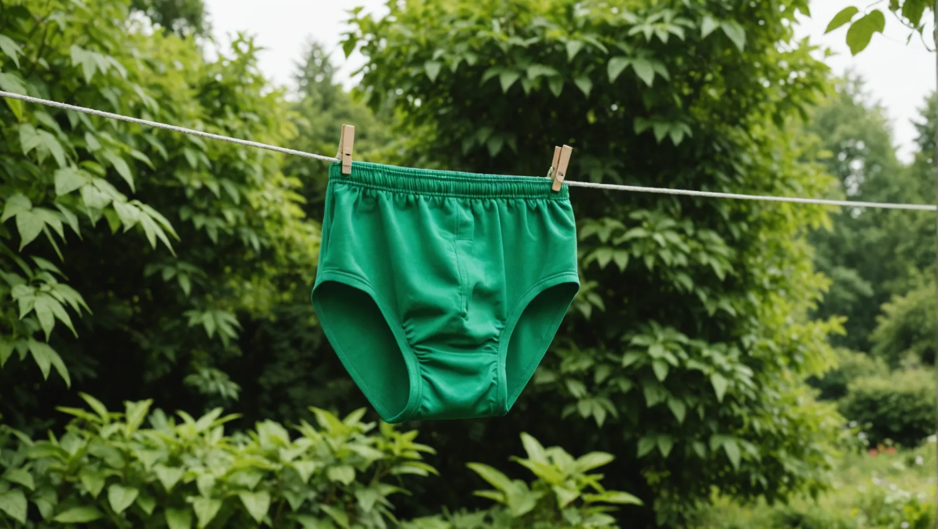 Microfiber underwear hanging on a line, with environmental symbols.