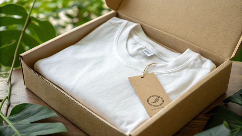 Neatly folded organic cotton t-shirt in a recyclable cardboard box.