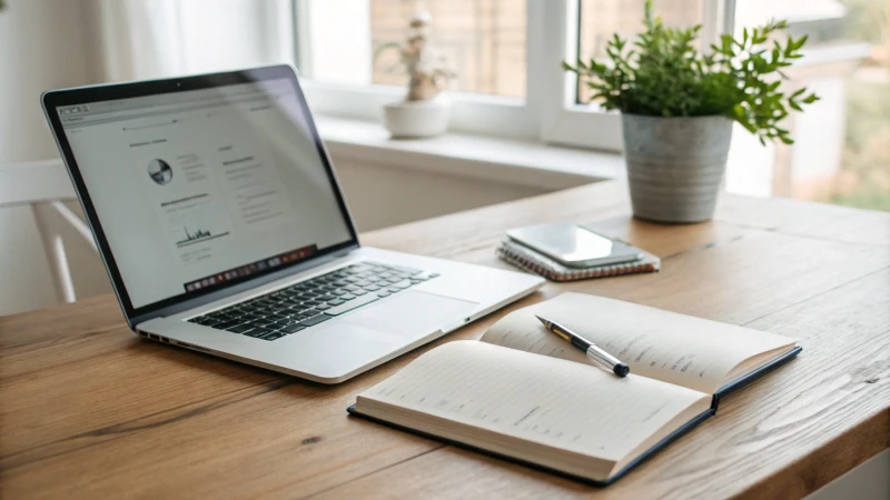 A minimalist workspace with a wooden desk, laptop, notebook, and plant.