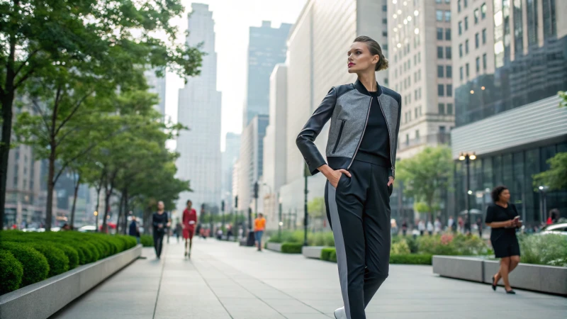 A model in modern clothing stands in a cityscape.