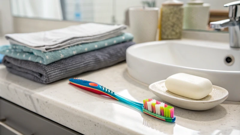 A clean bathroom counter with personal care items