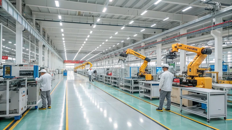 Interior of a modern Chinese factory with robots and human workers