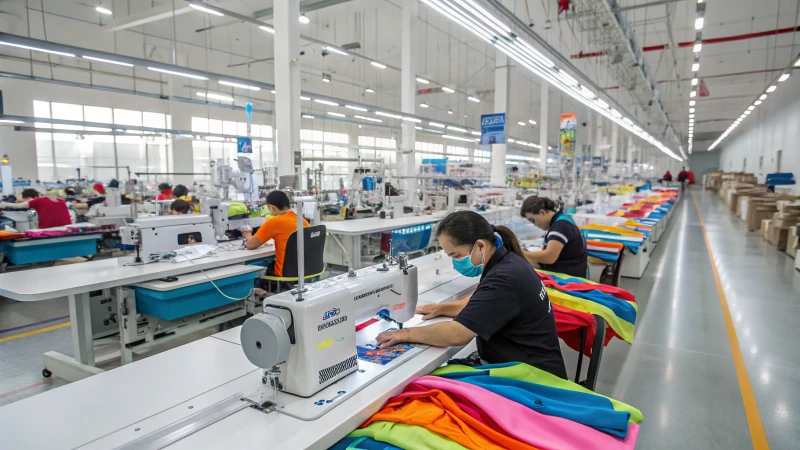 A modern underwear manufacturing facility with advanced machinery and workers.
