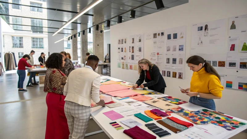 A diverse group in a design studio discussing fabric swatches and sketches