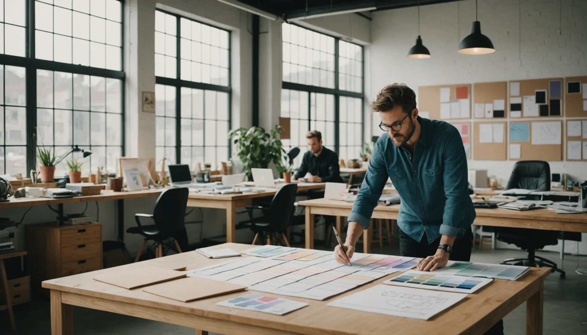 A modern design studio with a focus on custom underwear design, featuring a designer at work.