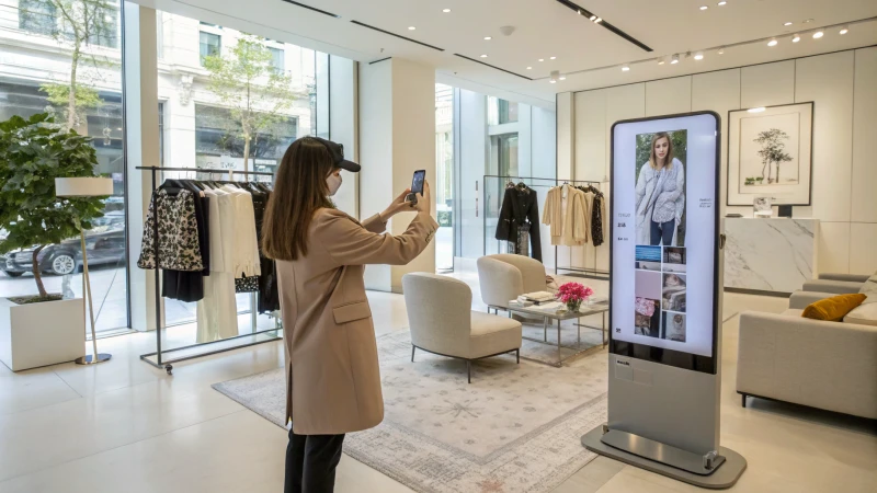 A customer using augmented reality in a fashion retail store.