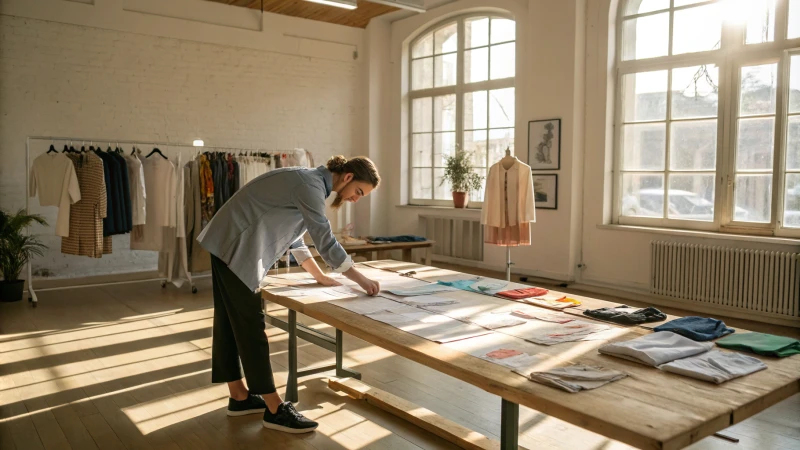A fashion designer examining clothing samples in a bright studio.