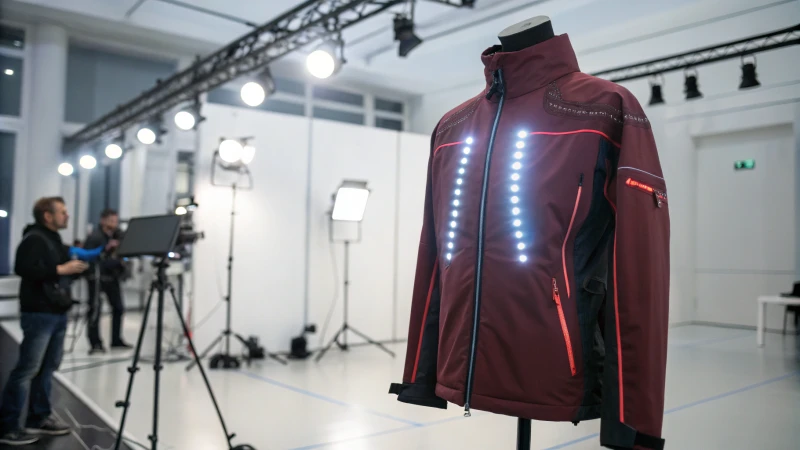 Modern high-tech jacket with LED lights displayed on a mannequin
