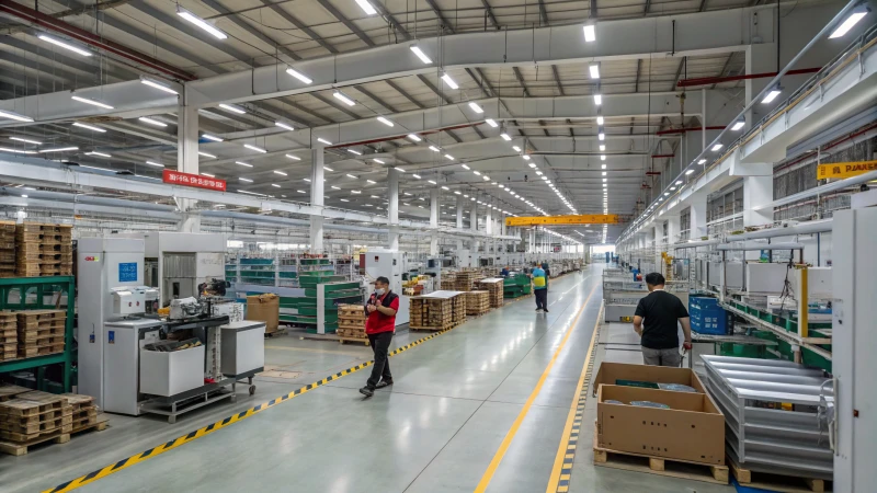A modern manufacturing facility in China with workers and machinery