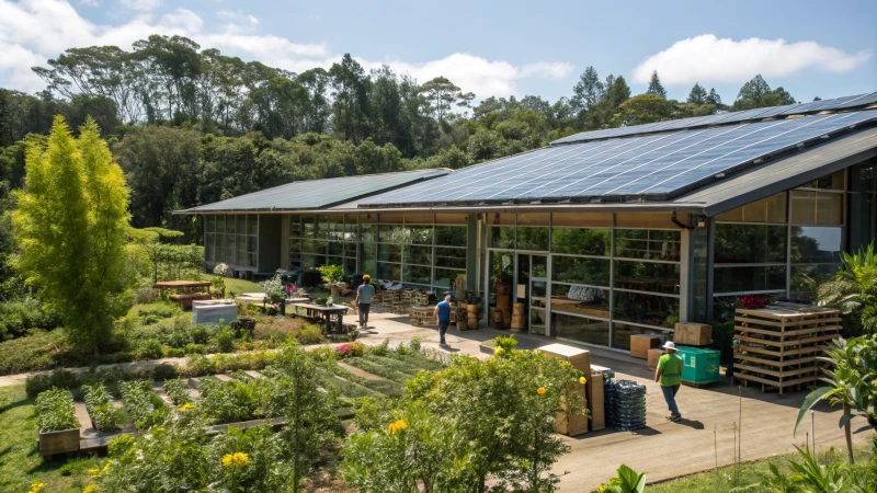 A modern manufacturing facility with solar panels and greenery