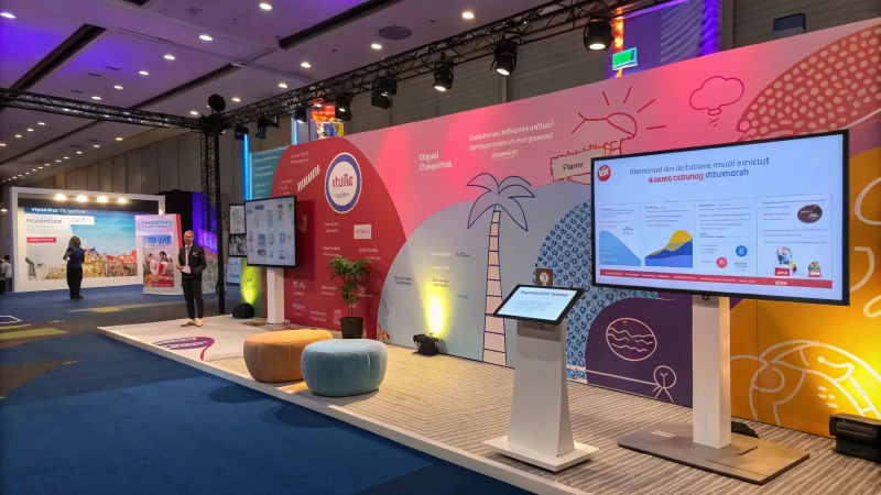 A modern marketing campaign setup with vibrant colors and interactive displays.
