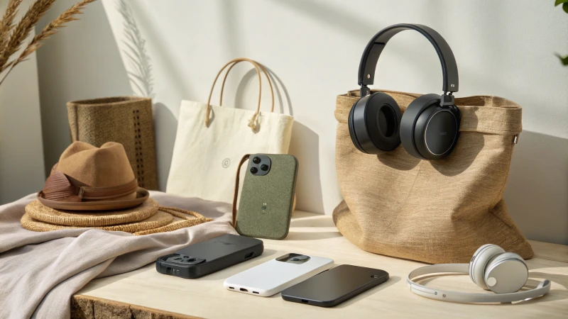 A modern display of wireless technology and eco-friendly fashion items