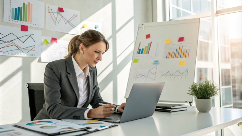 Businesswoman analyzing market research data in a modern office.