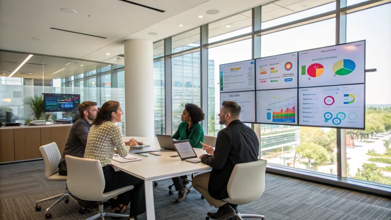 A diverse group of professionals in a modern office collaborating during a meeting.