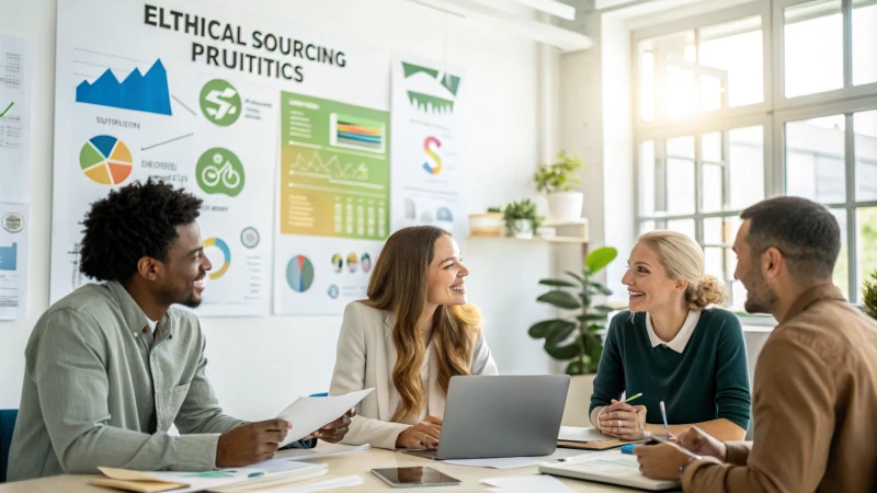 Diverse professionals discussing ethical sourcing in a modern office