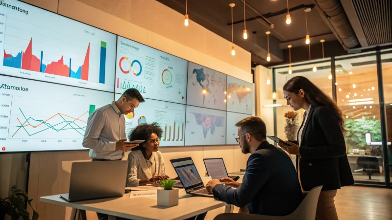 A modern office with professionals interacting and large screens displaying data analytics.