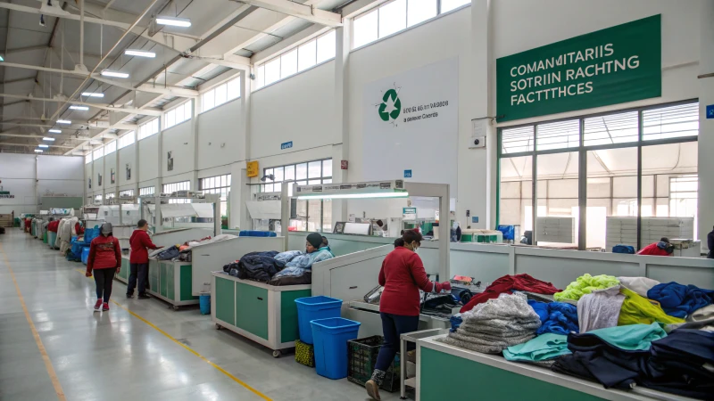 A large, modern recycling facility with sorting machines and workers