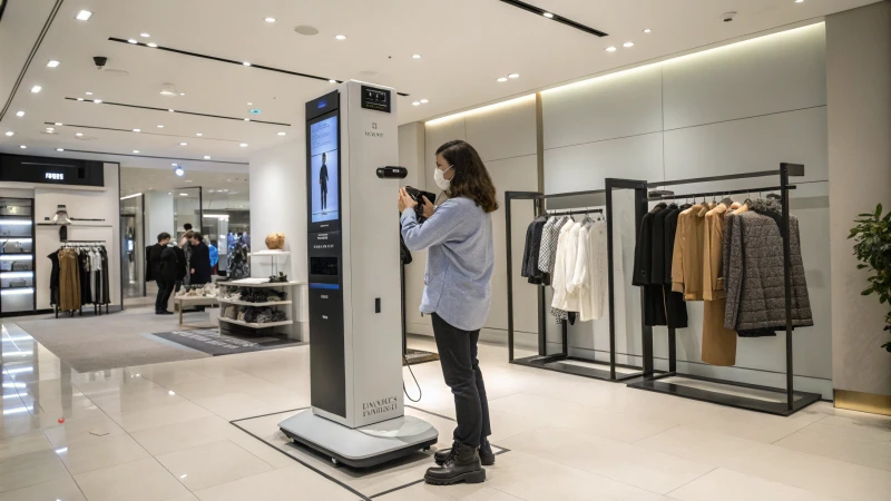A sleek AI body scanning device in a modern retail store