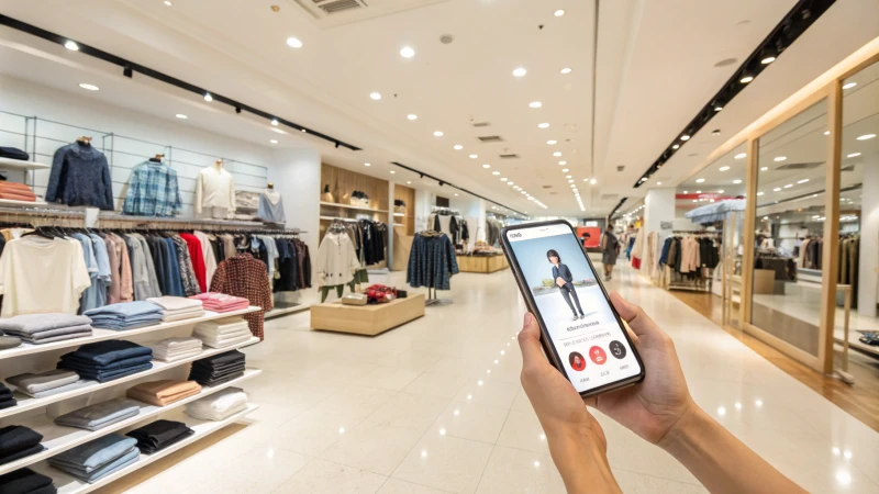 A modern retail store with a customer using a smartphone for augmented reality shopping.