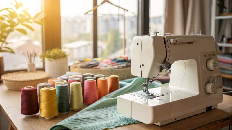 A modern sewing machine with colorful eco-friendly fabrics in a workshop
