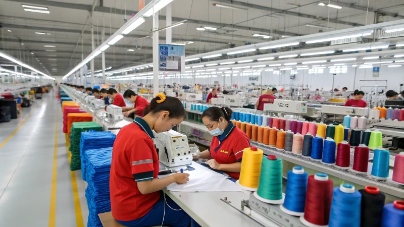 A busy textile factory in China with workers operating machinery