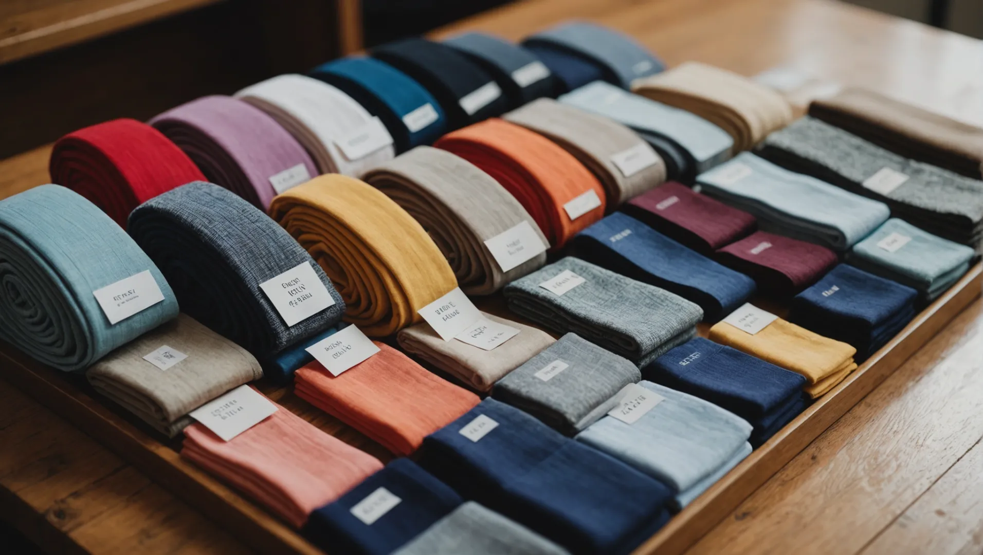 Various types of underwear fabrics displayed on a table