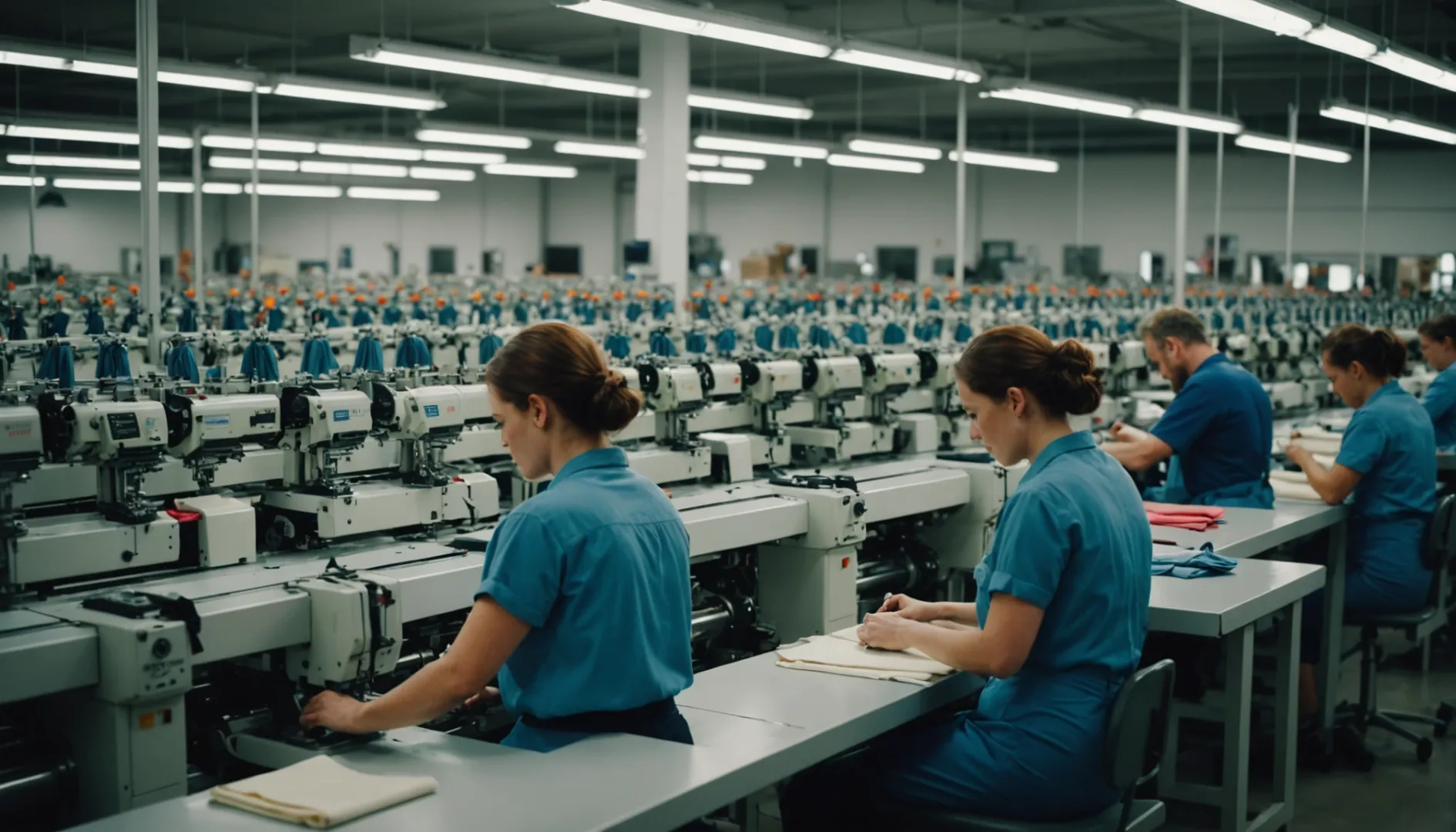 Interior of a modern underwear factory with workers and sewing machines