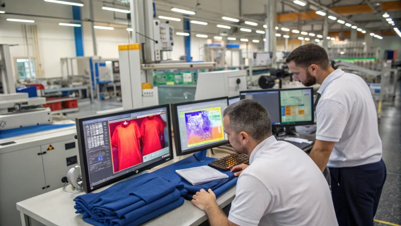 Engineers analyzing heat-mapping technology in a textile facility