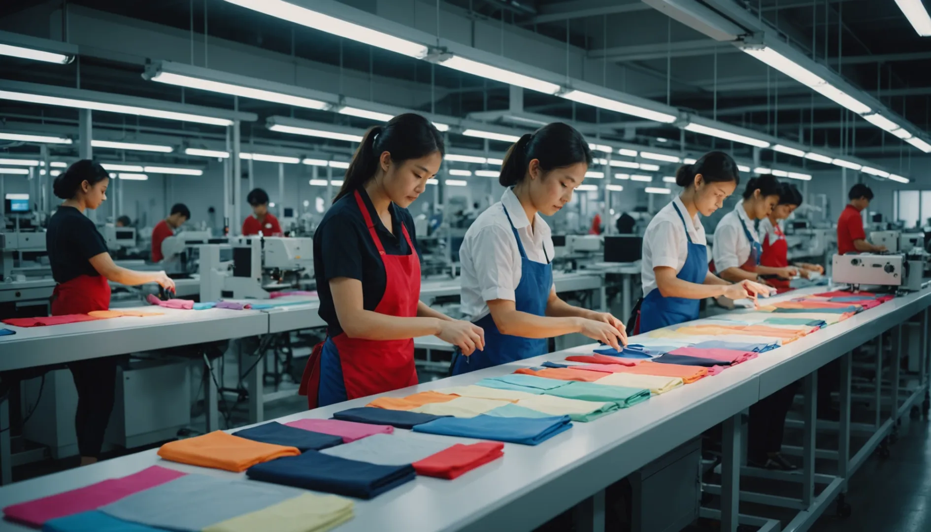 A modern underwear production line with sewing machines and workers
