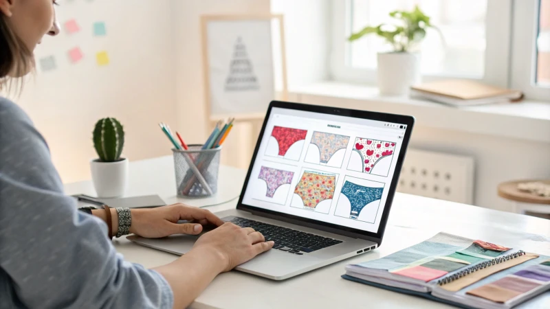 A modern workspace with a person using a laptop displaying custom underwear designs.