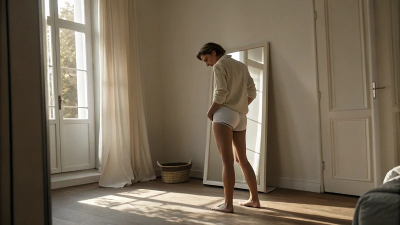 Person adjusting underwear in front of a mirror