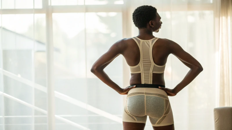 A person demonstrating proper posture while wearing ergonomic underwear.