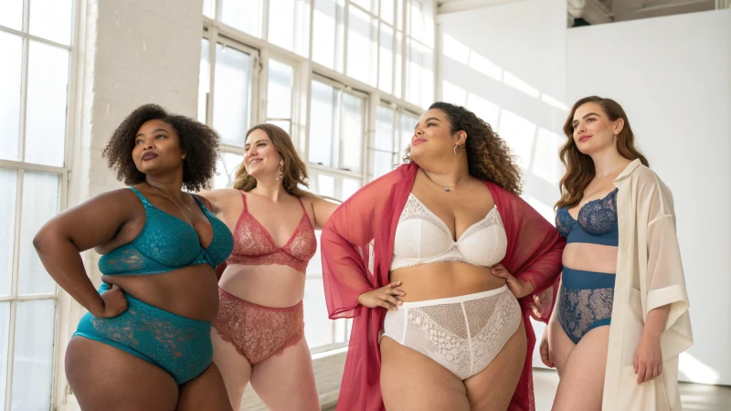 A diverse group of plus-size individuals modeling innovative lingerie designs in a bright studio.