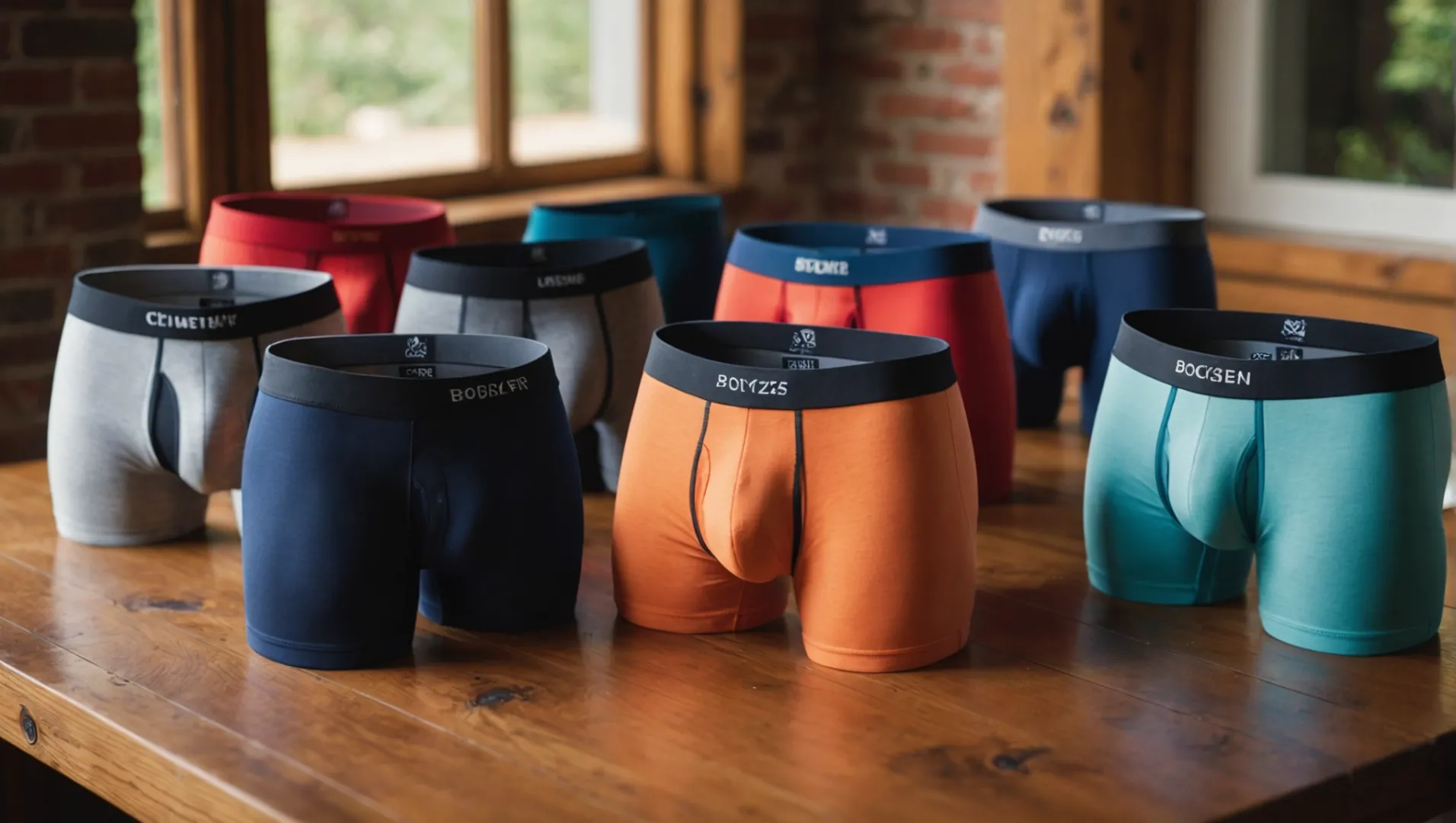 A variety of premium boxer briefs displayed on a wooden table
