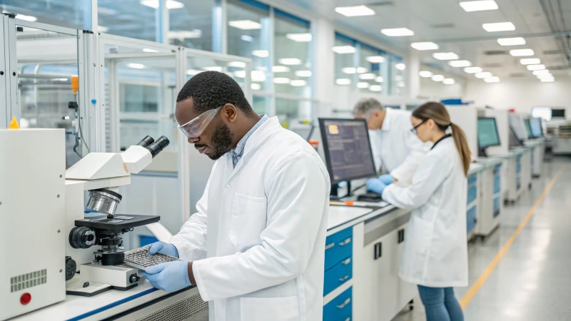 A diverse team of quality assurance specialists inspecting product samples in a modern laboratory.
